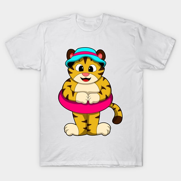 Tiger at Swimming with Swim ring & Hat T-Shirt by Markus Schnabel